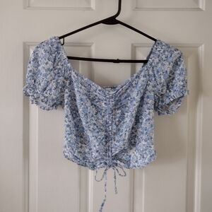 Blue Floral Puff Sleeve Crop Top